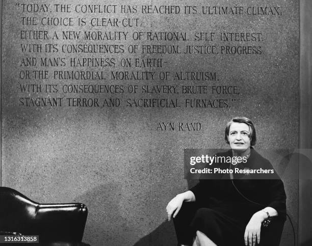 View of Russian-born American writer Ayn Rand on the set of the NBC television program 'The Today Show', New York, New York, March 23, 1961. Behind...