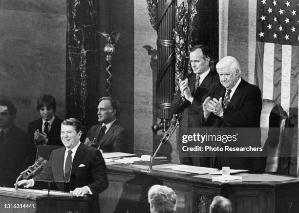 View of American politician US President Ronald Reagan as he delivers his State of the Union address to Congress, Washington DC, January 25, 1983....