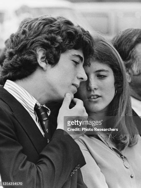American siblings John F Kennedy Jr and Caroline Kennedy talk together during the ground-breaking ceremony for the John F Kennedy Library at the...