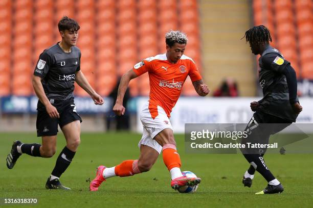 Jordan Lawrence-Gabriel of Blackpool controls the ball during the Sky Bet League One match between Blackpool and Doncaster Rovers at Bloomfield Road...