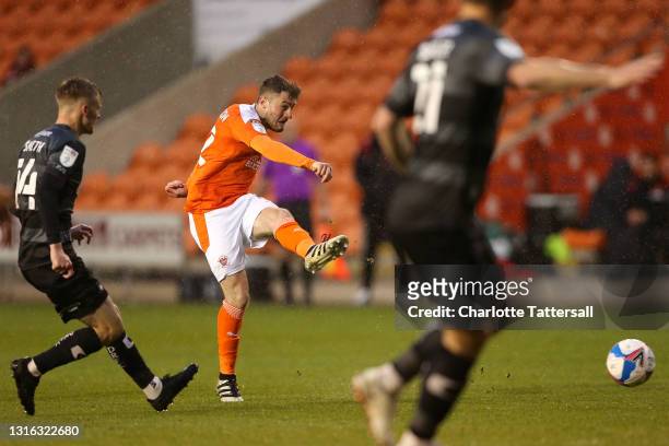 Elliot Embleton of Blackpool shoots during the Sky Bet League One match between Blackpool and Doncaster Rovers at Bloomfield Road on May 04, 2021 in...