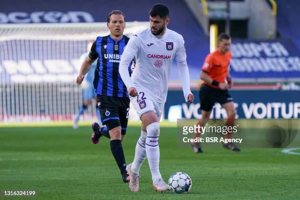 Ruud Vormer of Club Brugge and Elias Cobbaut of RSC Anderlecht during the Jupiler Pro League Championship Play-Offs match between Club Bruges and...
