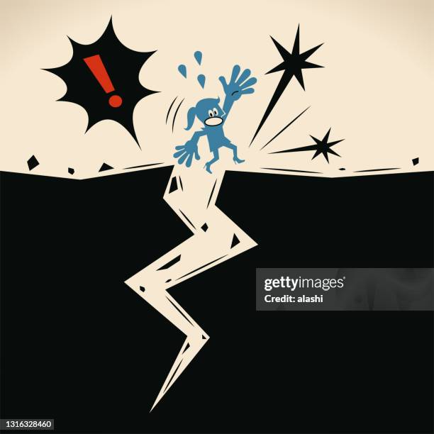 blue woman falling down a crevasse; below his feet is a terrifyingly large and deep crack - inequality stock illustrations