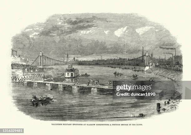 ilustraciones, imágenes clip art, dibujos animados e iconos de stock de ingenieros militares voluntarios en glasgow construyendo un puente pontón en el clyde, 1861 - clyde river