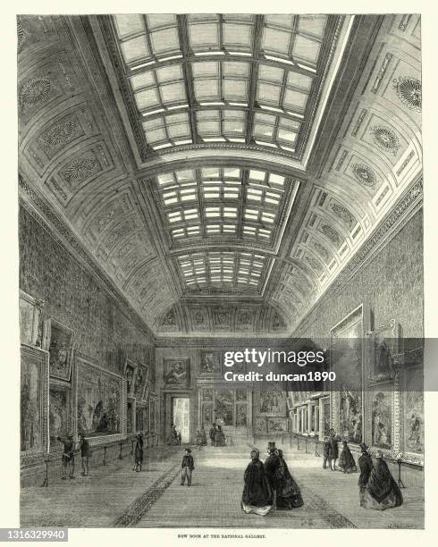 new room at the national gallery, london, 19th century - national gallery of art stock illustrations