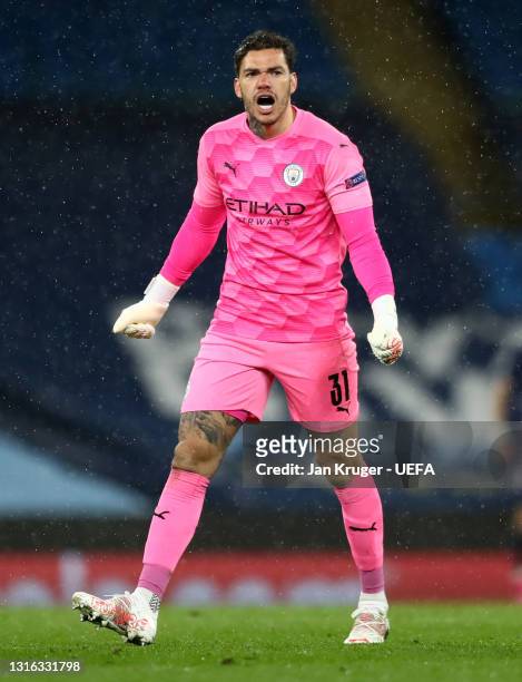 Ederson of Manchester City celebrates his sides second goal during the UEFA Champions League Semi Final Second Leg match between Manchester City and...