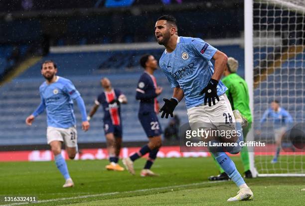 Riyad Mahrez of Manchester City celebrates after scoring his team's second goal during the UEFA Champions League Semi Final Second Leg match between...