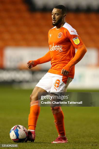 Keshi Anderson of Blackpool runs with the ball during the Sky Bet League One match between Blackpool and Doncaster Rovers at Bloomfield Road on May...