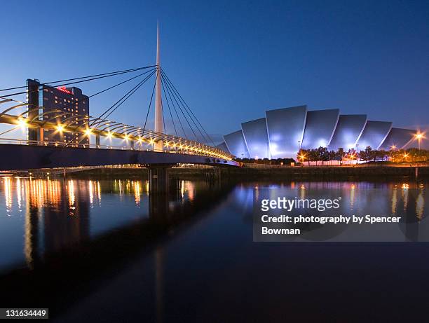 clyde blue hour building reflections - glasgow stock pictures, royalty-free photos & images