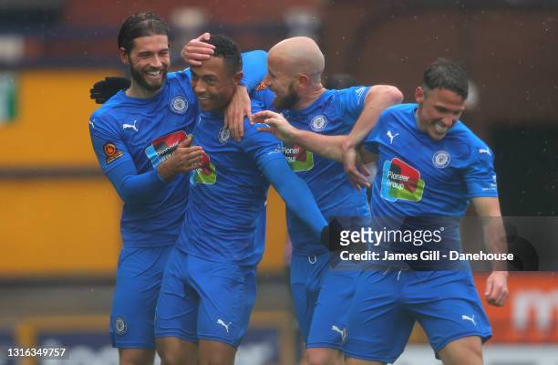 Alex Reid of Stockport County celebrates with team mates after scoring their second goal during the Conference Premier match between Stockport County...