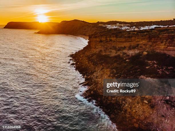 drone view western algarve – beautiful burgau, portugal - burgau portugal stock pictures, royalty-free photos & images