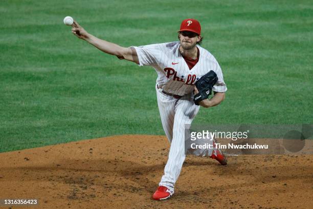 Aaron Nola of the Philadelphia Phillies pitches during the third inning against the Milwaukee Brewers at Citizens Bank Park on May 04, 2021 in...
