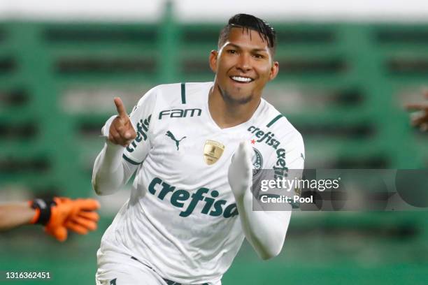 Roni of Palmeiras celebrates after scorin the second goal of his team during a match between Defensa y Justicia and Palmeiras as part of Group A of...