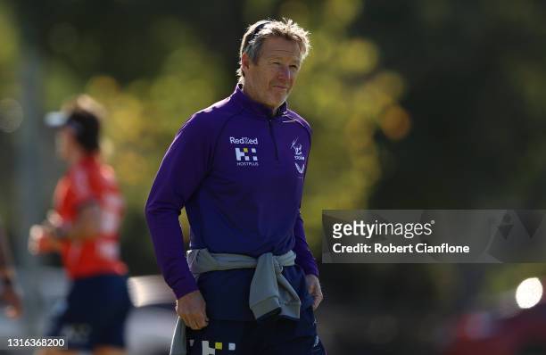 Storm coach Craig Bellamy looks on during a Melbourne Storm NRL training session at Gosch's Paddock on May 05, 2021 in Melbourne, Australia.