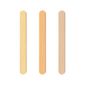 Popsicle sticks, wooden elements for holding ice cream, tongue depressor for throat medical examination. Isolated realistic vector Illustration on white background