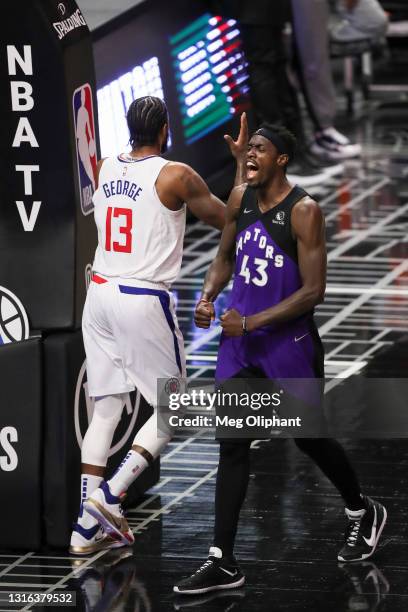 Pascal Siakam of the Toronto Raptors celebrates a foul called against Paul George of the LA Clippers for a plus one at Staples Center on May 04, 2021...