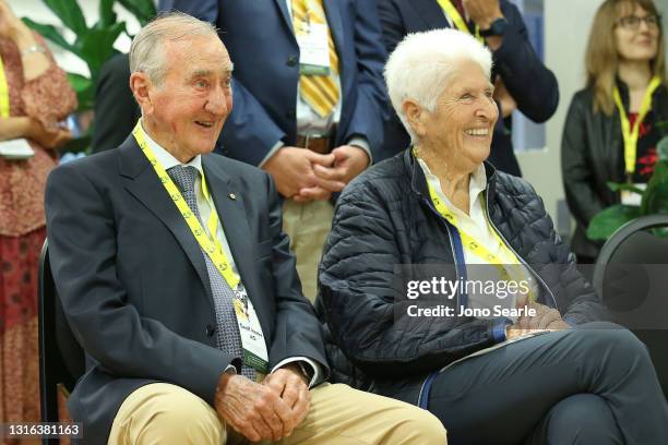 Geoff Henke and Dawn Fraser attend the official opening of the Sleeman Sports Complex Opens Olympic Winter Sports Training Facility on May 05, 2021...