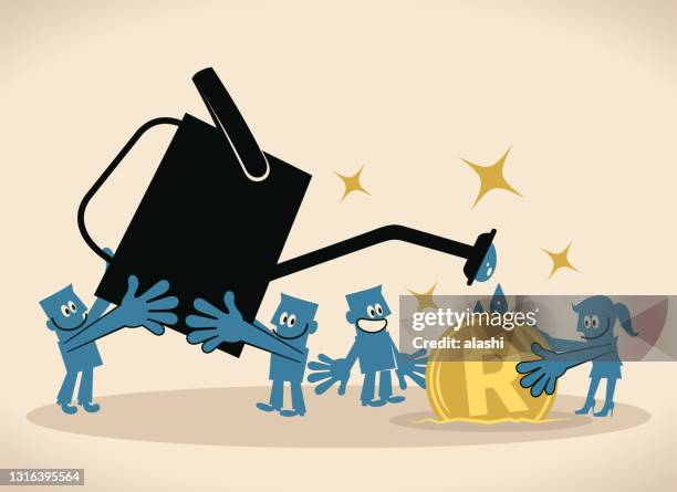 business team (female with a group of males) sowing a south african rand currency seed and watering - am rand stock illustrations