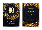 60th years birthday vector black paper luxury invitation double card. Sixty years wedding anniversary celebration brochure. Template of invitational for print dark background with bokeh lights