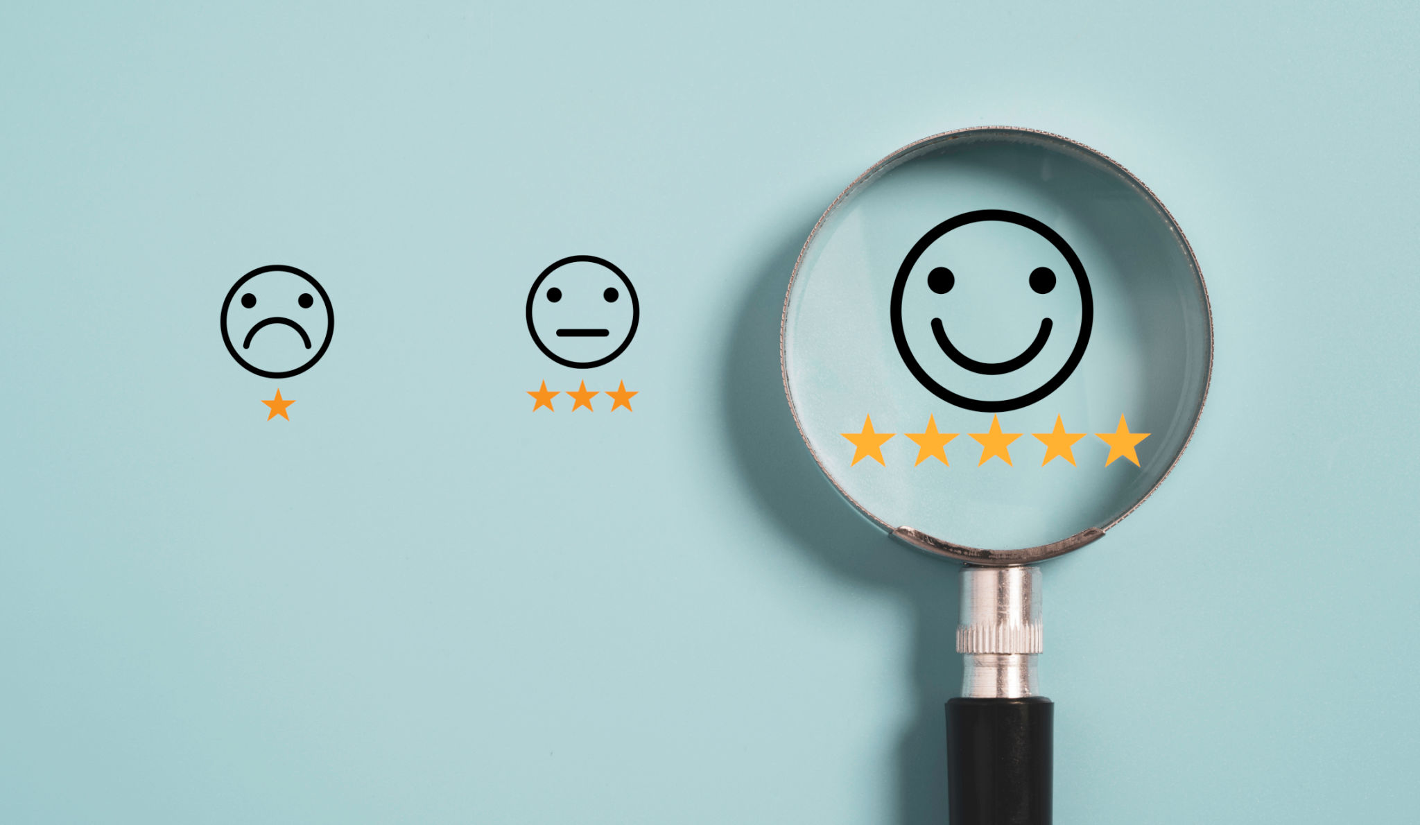 Smiley icon with five star inside magnifier glass on blue background , Smiley icon with five star inside magnifier glass on blue background ,