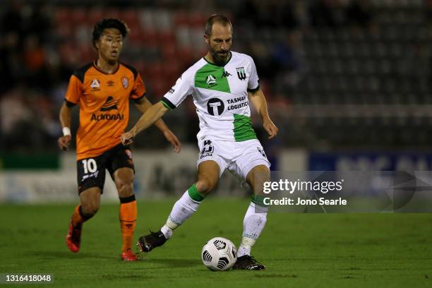 Andrew Durante of United controls the ball during the A-League match between the Brisbane Roar and Western United at Moreton Daily Stadium, on May 05...