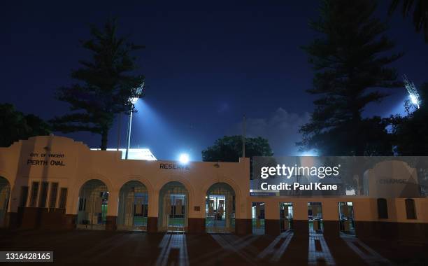 Gates are seen closed due to Covid-19 restrictions before the A-League match between the Perth Glory and Melbourne City at HBF Park, on May 05 in...