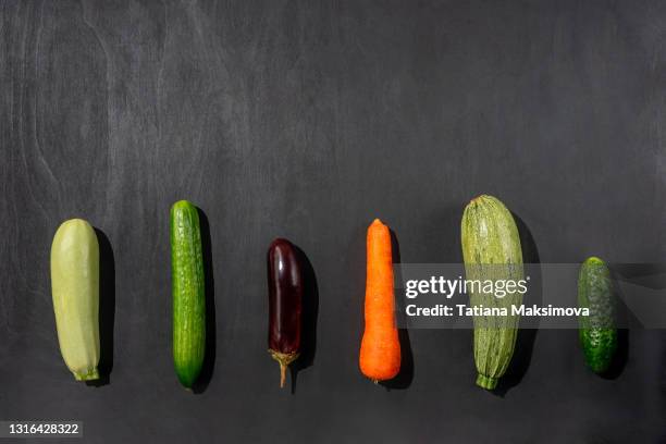 various fresh vegetables rows on black background. vegetarian food. - forma de falo fotografías e imágenes de stock