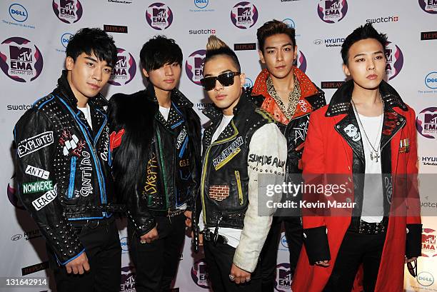 Seungri, G-Dragon, Taeyang, T.O.P, Daesung of Korean boyband Big Band attend the MTV Europe Music Awards 2011 at the Odyssey Arena on November 6,...