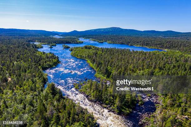 aerial view of juutuanjoki river surrounded by green forest in summer - inari finland bildbanksfoton och bilder