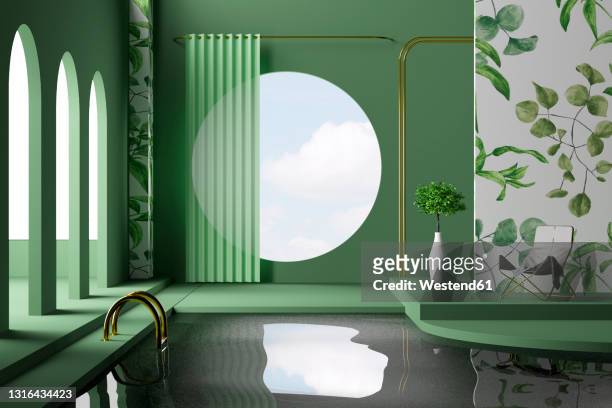 three dimensional render of home swimming pool with circular window on outside - green curtain stock illustrations