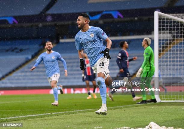 Riyad Mahrez of Manchester City celebrates scoring his team's second goal during the UEFA Champions League Semi Final Second Leg match between...