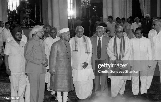 Newly sworn in Prime Minister Atal Bihari Vajpayee of Bhartiya Janata Party with President Shankar Dayal Sharma and his cabinet ministers at the...