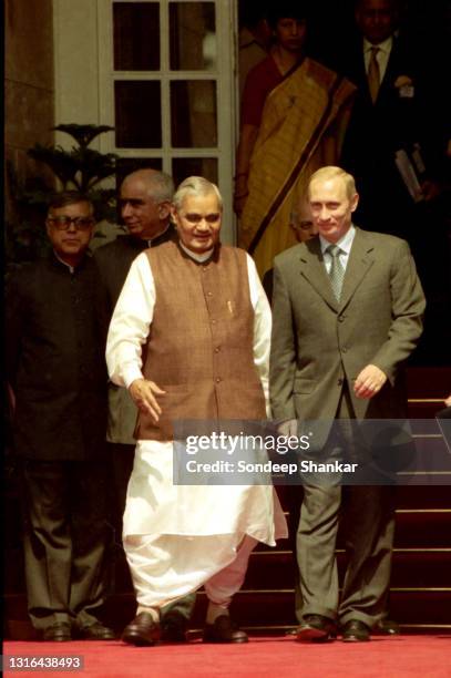 Prime Minister Atal Bihari Vajpayee with Russian President Vladimir Putin at Hyderabad House in New Delhi on October 03, 2000.