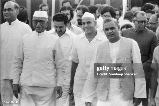 Atal Bihari Vajpayee as External Affairs Minister with the Prime Minister Morarji Desai and other cabinet ministers in New Delhi during the brief...