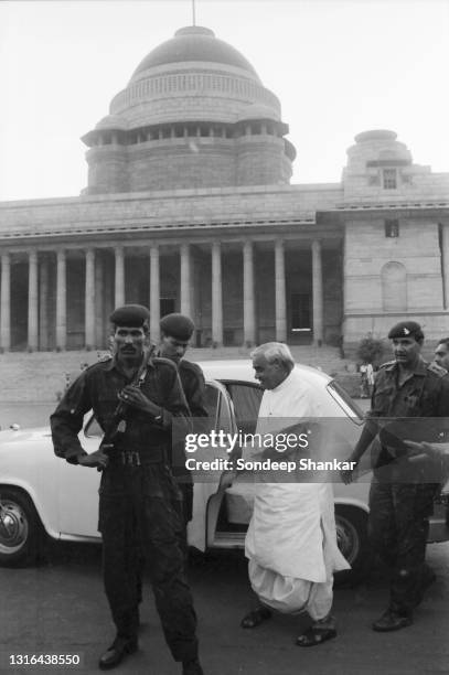 Bhartiya Janta Party leader Atal Bihari Vajpayee at Rashtrapati Bhavan on May 10, 1996 after staking a claim to form government as leader of the...