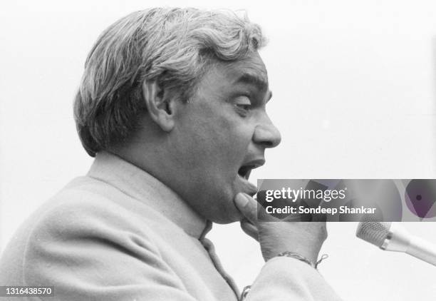 Bhartiya Janata party leader Atal Bihari Vajpayee addressing large crowds in New Delhi during campaigning in December 1979.