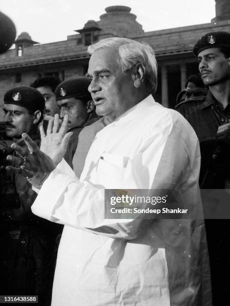 Bhartiya Janta Party leader Atal Bihari Vajpayee at Rashtrapati Bhavan on May 10, 1996 after staking a claim to form government as leader of the...