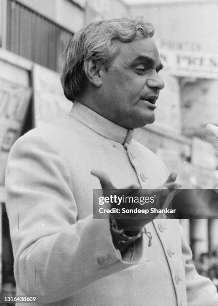 Bhartiya Janata party leader Atal Bihari Vajpayee addressing large crowds in New Delhi during campaigning in December 1979.