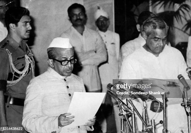 Jan Sangh leader Atal Bihari Vajpayee being sworn-in as a minister in the Janta Party Government installed by President B D Jatti at the Presidential...