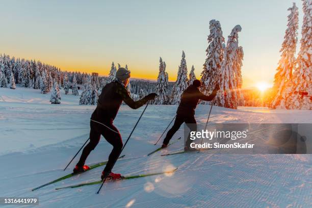 vista trasera de los hombres esquiando en la pista de montaña - nordic skiing event fotografías e imágenes de stock