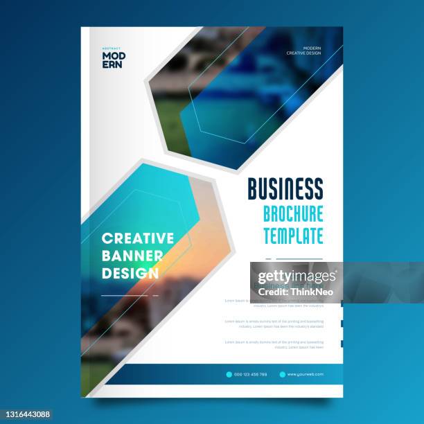 brochure template layout design. corporate business annual report - hexagon architecture stock illustrations