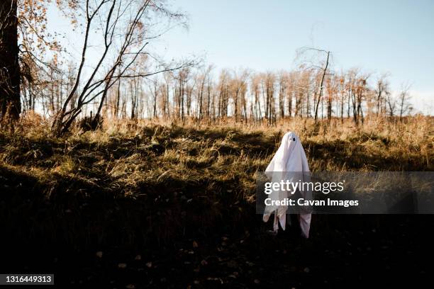 a child in ghost costume running in a park in the fall during the day - ghost player stock pictures, royalty-free photos & images