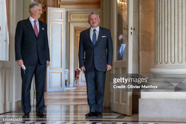 King Philippe of Belgium receives King Abdullah II Ibn Al Hussein of Jordan at the Royal Castle on May 05, 2021 in Brussels, Belgium. King Abdullah...