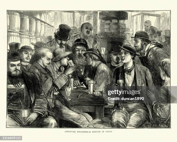 group of men drinking absinthe, paris, france, 19th century - busy pub stock illustrations