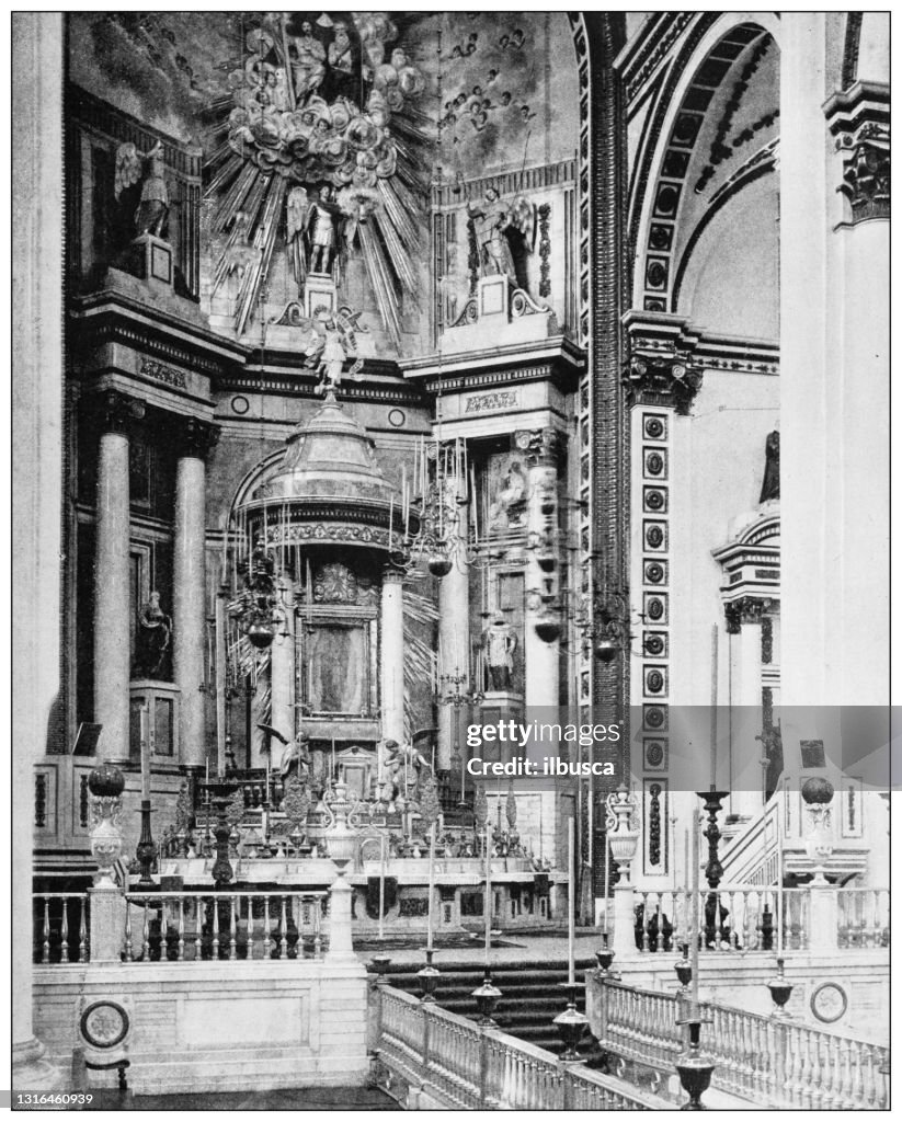 Antique black and white photograph of American landmarks: Interior of the Church of Guadalupe