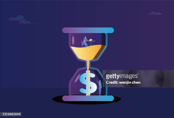 ilustraciones, imágenes clip art, dibujos animados e iconos de stock de los hombres de negocios trabajan en un reloj de arena, reloj de arena y dólares, el tiempo es dinero - due
