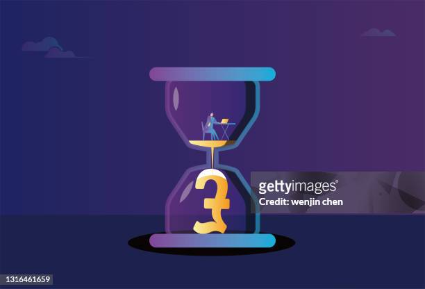 business men work in an hourglass, hourglass and pound sterling, time is money - abzeichen stock illustrations
