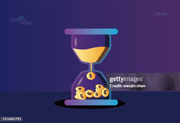 hourglass und reichtum, zeit ist geld - sand dollar stock-grafiken, -clipart, -cartoons und -symbole
