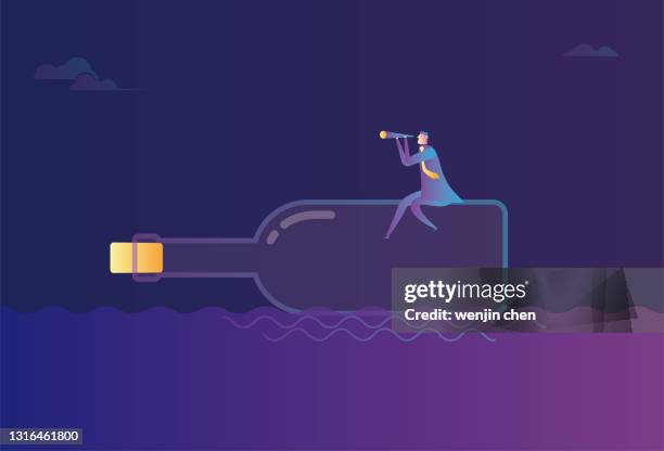 ein geschäftsmann sitzt auf einer treibenden flasche und schaut mit einem teleskop in die ferne und schwebt im meer. - strandgut stock-grafiken, -clipart, -cartoons und -symbole