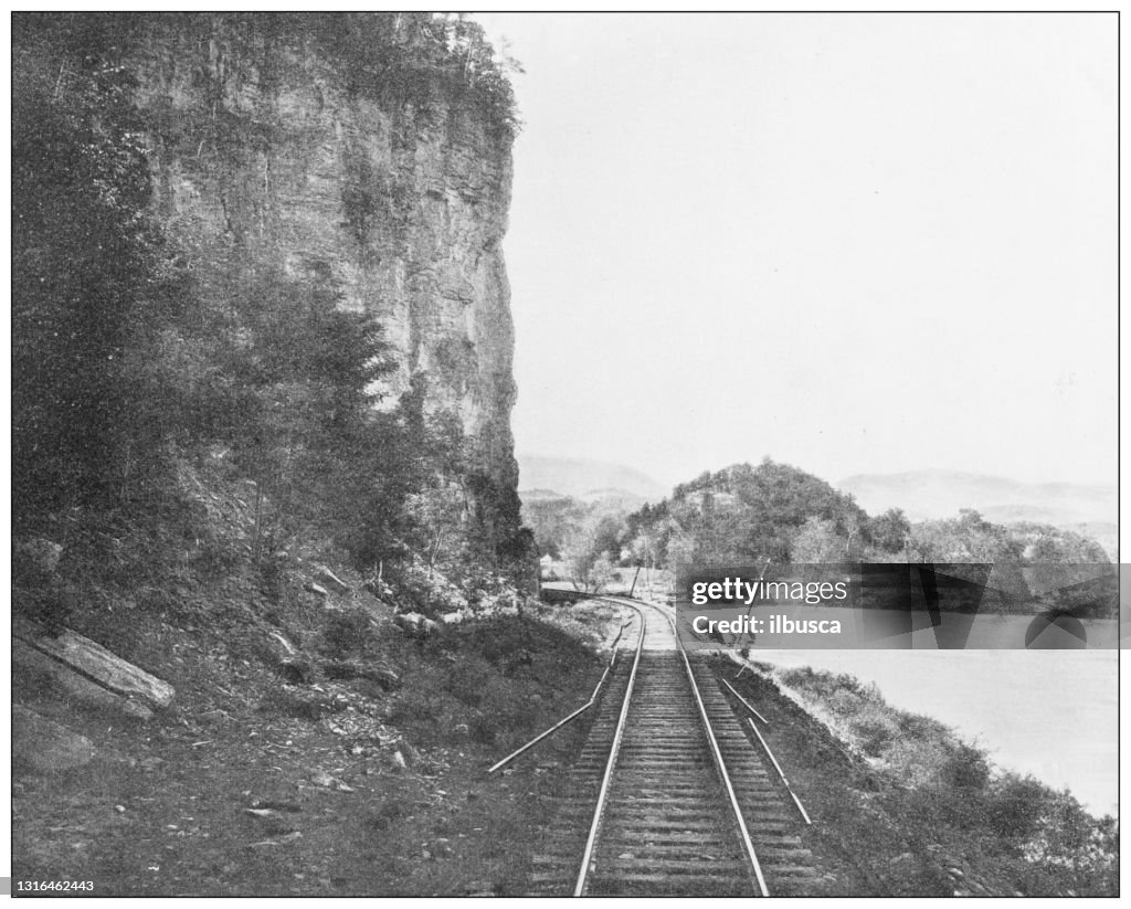 Antique black and white photograph of American landmarks: Castle Rock, New River